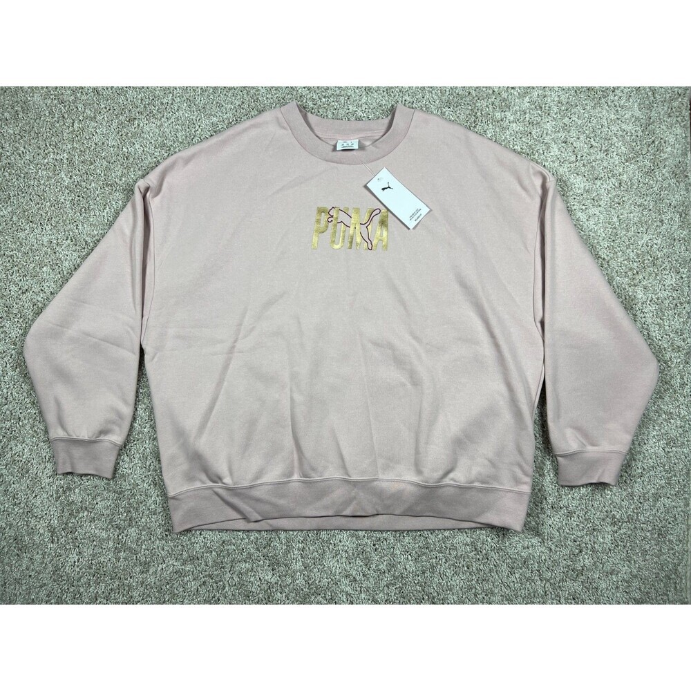 Puma ESS Shine Crew Sweatshirt Mauve Mist Gold Logo Fleece XXL NWT